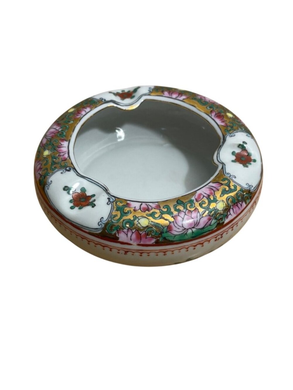 Vtg Macau Hand Painted Chinese Porcelain Floral Ashtray Trinket Dish 4.5” Signed